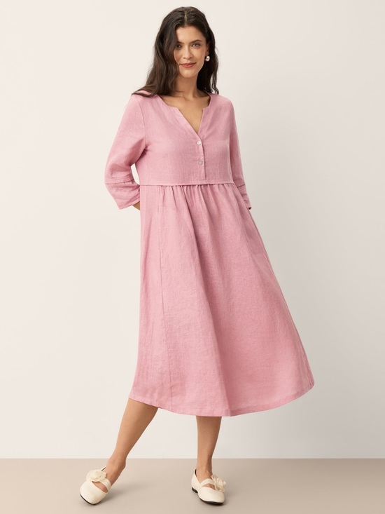 Lintico Dresses & Skirts - LINTICO Pink V-Neck LINEN Dress with Buttons
